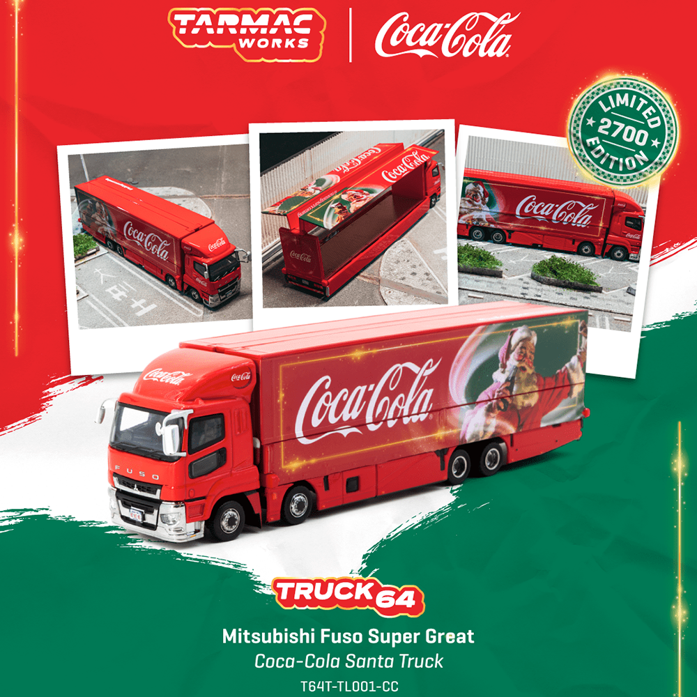 Miniatura Tarmac Works Mitsubishi Fuso Super Great Coca-Cola Santa Truck, código PVE05-T64T-TL001-CC