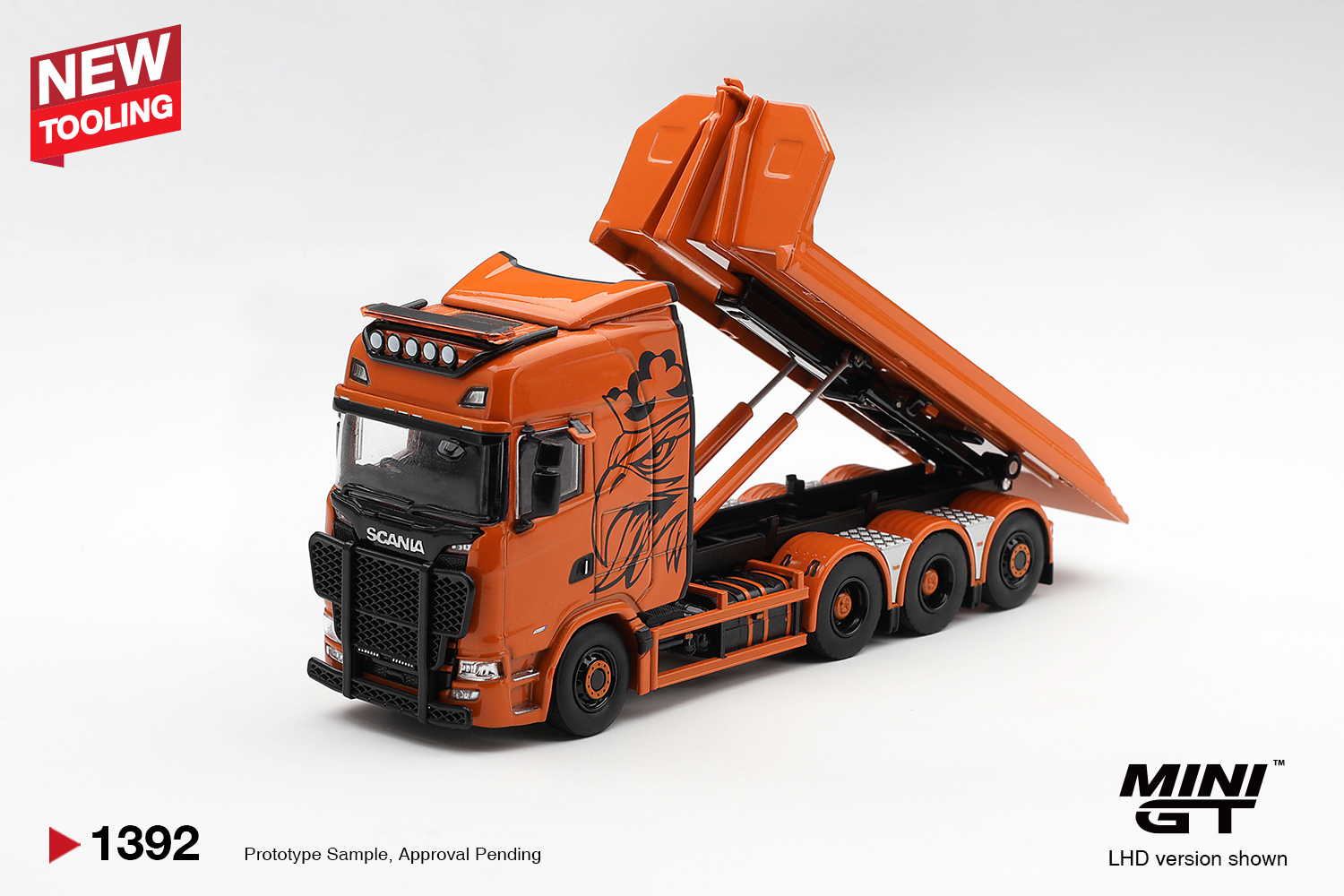 Miniatura Mini GT Scania 770S B8x4NA Hooklift Flatbed Orange, código MGT01392